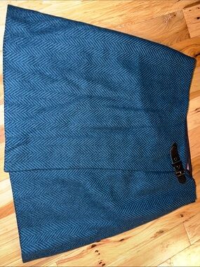 Boden Blue Herringbone Wool wrap Skirt with leather Buckle